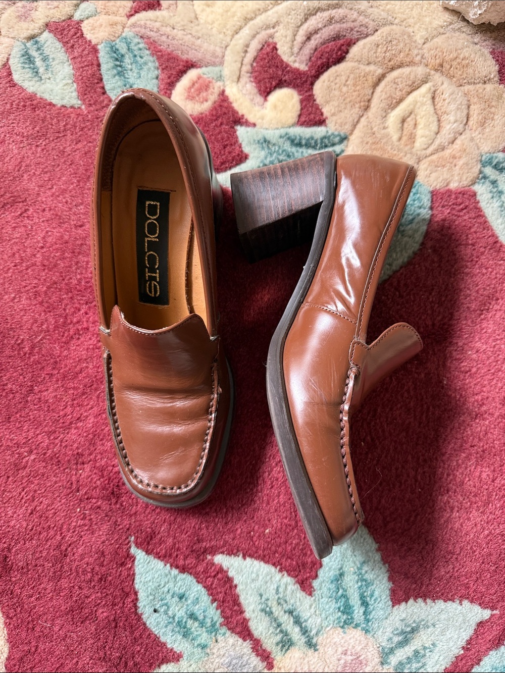 Dolcis Brown Leather Block Heel Moccasins